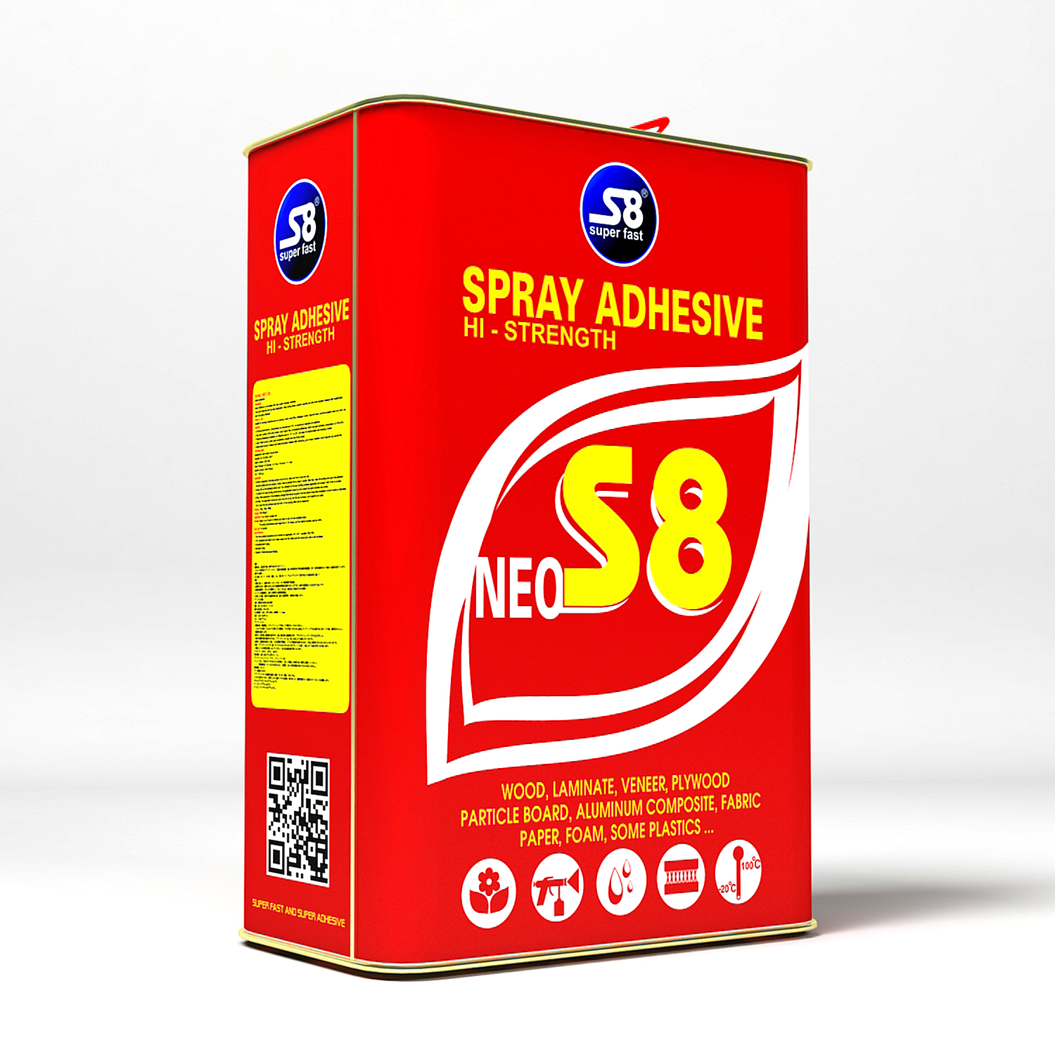 Keo phun dán gỗ nội ngoại thất thùng 3kg - NEO S8 Ngoại Thất Chịu nhiệt cao ứng dụng dán Laminate, Flexlaminate , Veneer, ván bảng gỗ công nghiệp, bọc nỉ da nội thất xe hơi.