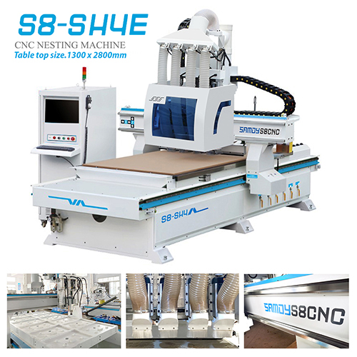 CNC Nesting S8 - SH4E Có gắp ván,  hạng nặng với mặt bàn thép tấm 2 lớp, bơm hút chân không 11Kw, mặt bàn gia công 1300*2800mm