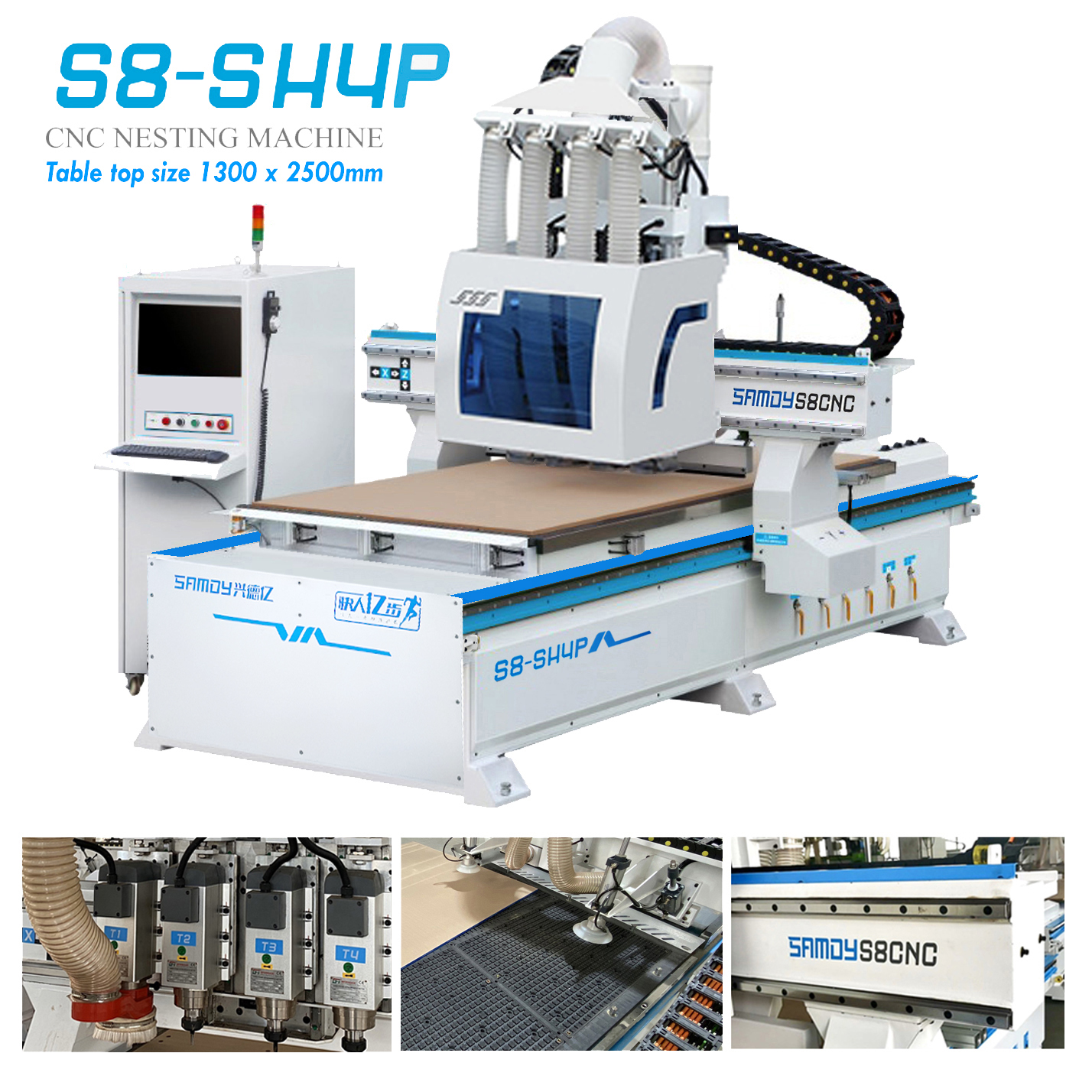 CNC Nesting S8 - SH4P Có gắp ván, hạng nặng bàn khung 2 lớp, bơm hút chân không 11Kw. mặt bàn gia công 1300*2500mm