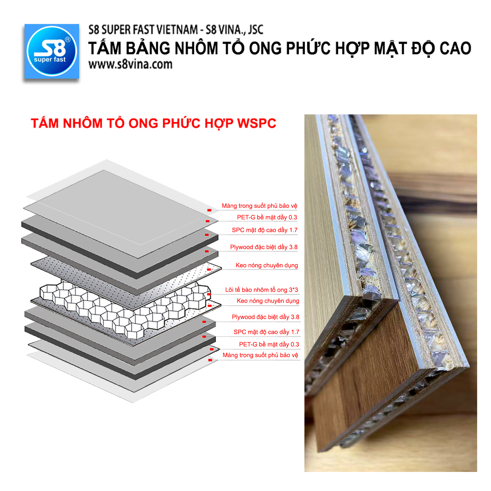Tấm nhôm tổ ong WSPC - S8 cấu trúc đa tầng phức hợp mật độ cao kích thước 1220*2440*18mm